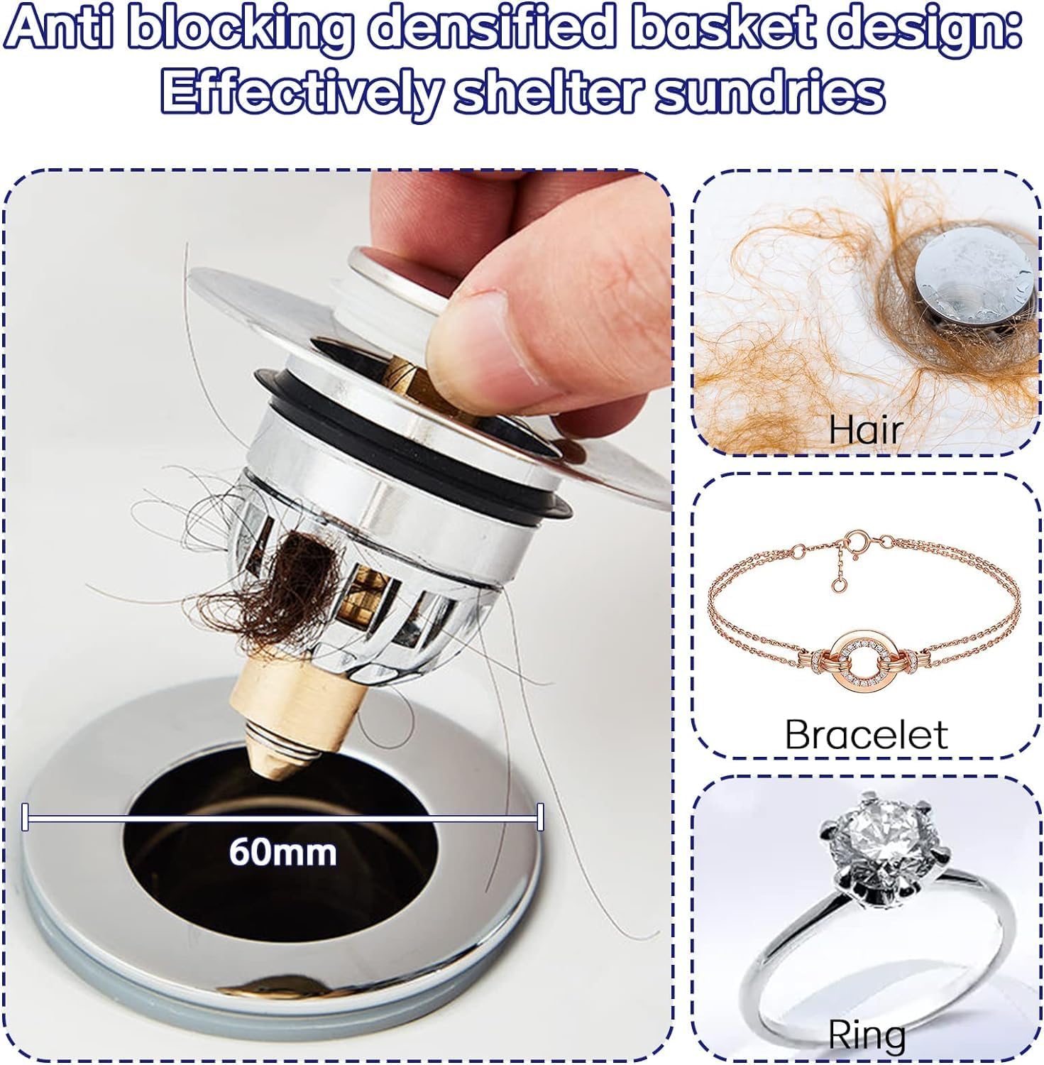 Gootsteenplug, universal, stainless steel strainer for collapsible sink plugs, drain plug for sinks 34-42 mm, suitable for bathtubs and sinks 34-42 mm