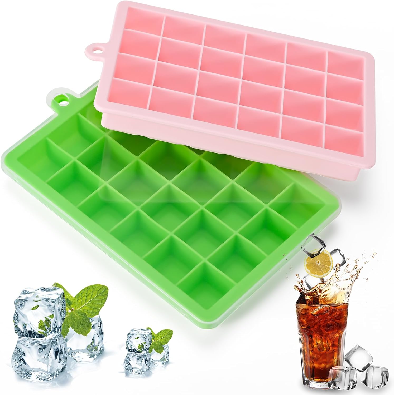 Silicone ice cube trays, flexible ice cube molds with removable lids, set of 2 ice cube trays, 24 ice cube molds per tray, suitable for whisky pack of 2 pink + green