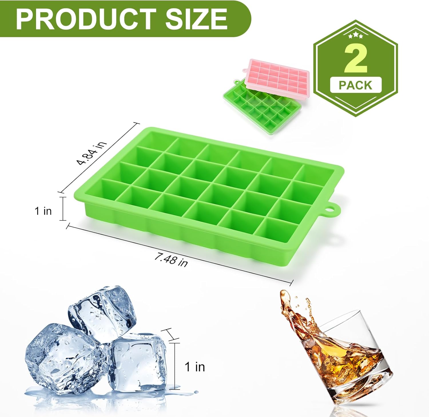 Silicone ice cube trays, flexible ice cube molds with removable lids, set of 2 ice cube trays, 24 ice cube molds per tray, suitable for whisky pack of 2 pink + green