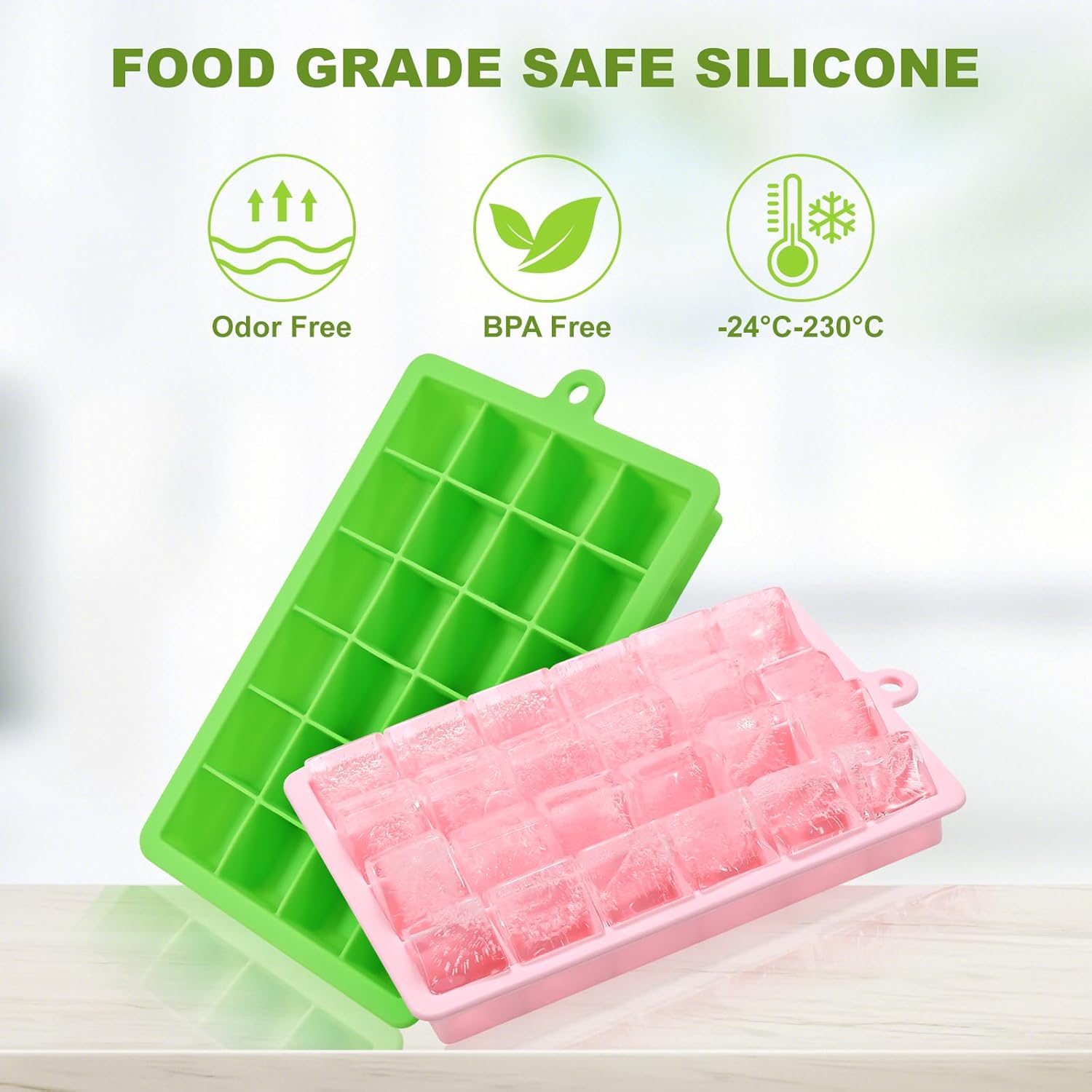 Silicone ice cube trays, flexible ice cube molds with removable lids, set of 2 ice cube trays, 24 ice cube molds per tray, suitable for whisky pack of 2 pink + green