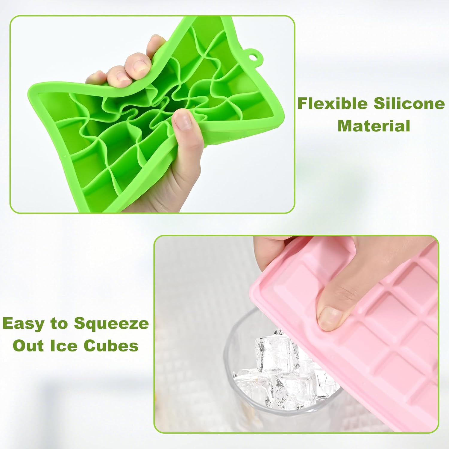 Silicone ice cube trays, flexible ice cube molds with removable lids, set of 2 ice cube trays, 24 ice cube molds per tray, suitable for whisky pack of 2 pink + green
