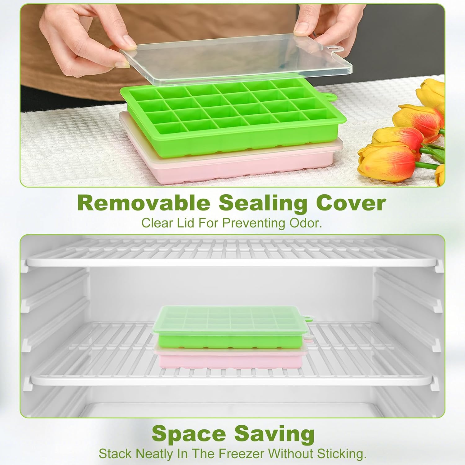 Silicone ice cube trays, flexible ice cube molds with removable lids, set of 2 ice cube trays, 24 ice cube molds per tray, suitable for whisky pack of 2 pink + green