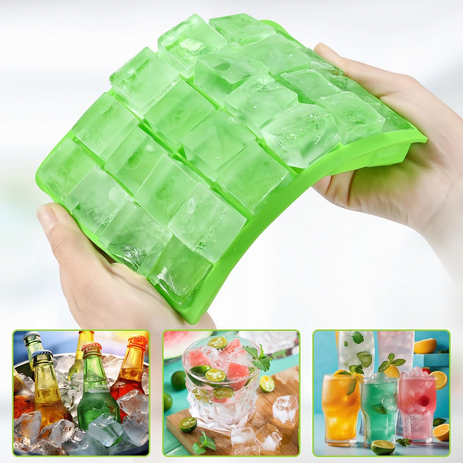Silicone ice cube trays, flexible ice cube molds with removable lids, set of 2 ice cube trays, 24 ice cube molds per tray, suitable for whisky pack of 2 pink + green