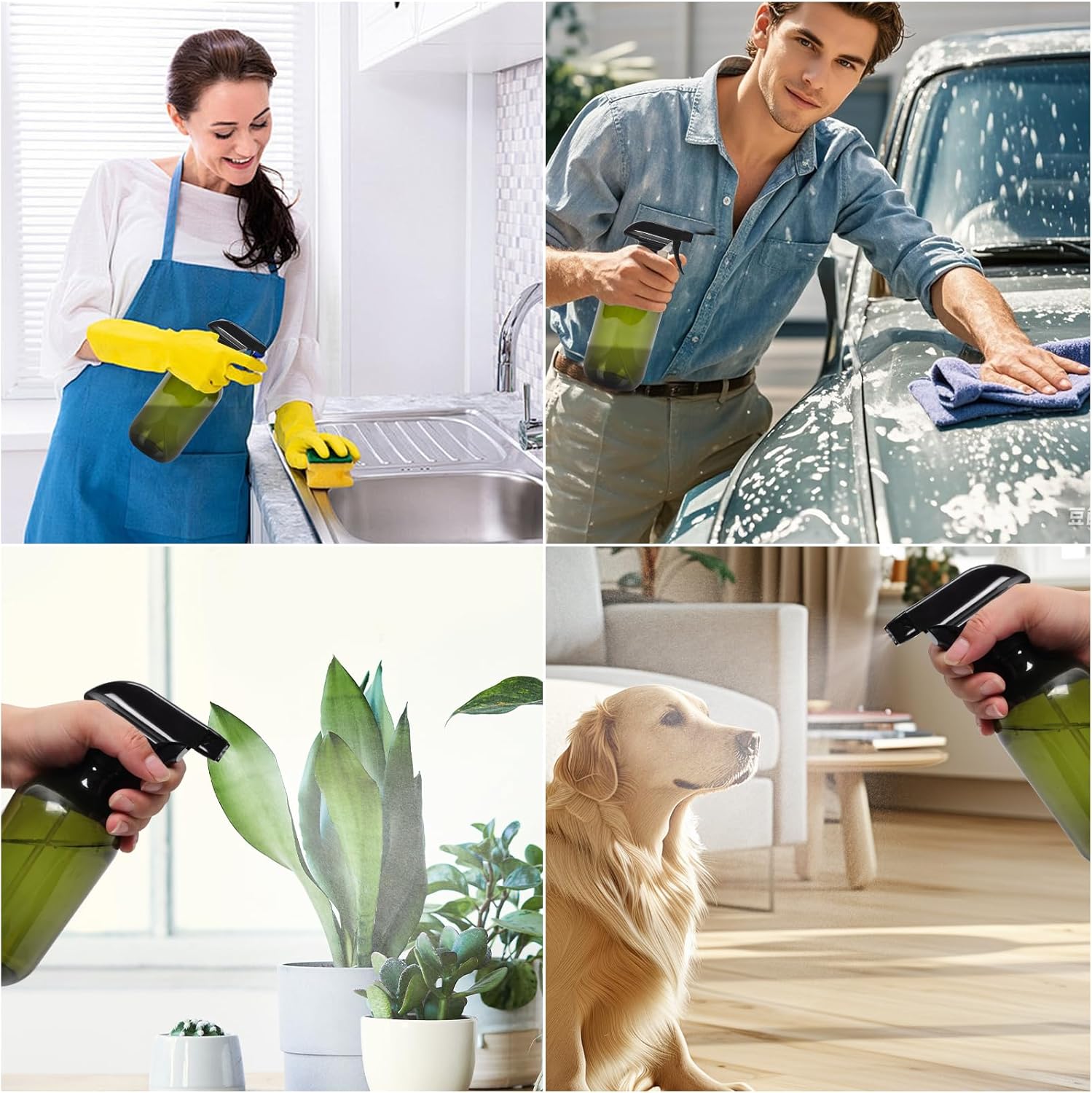 Cleaning spray bottle, hair spray bottle, plant sprayer, durable trigger, refillable, clear plastic, 2x 500ml 3 spray heads empty garden sprayer, hair sprayer