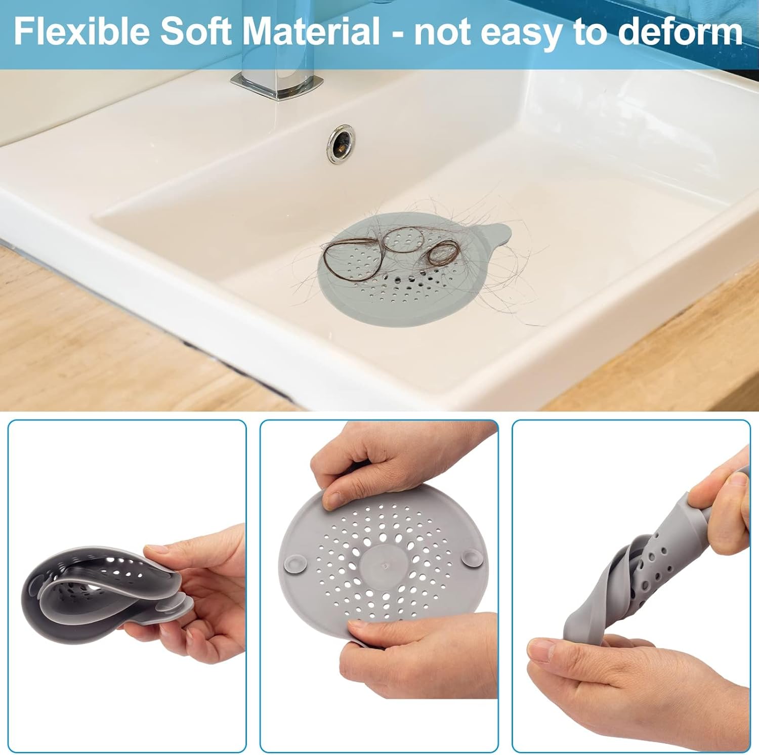 2-pack shower drain hair catchers with strong suction cups, silicone sink strainer protector, shower drain cover, hair stopper, sink strainer for bathroom, bathtub, kitchen sink white + grey