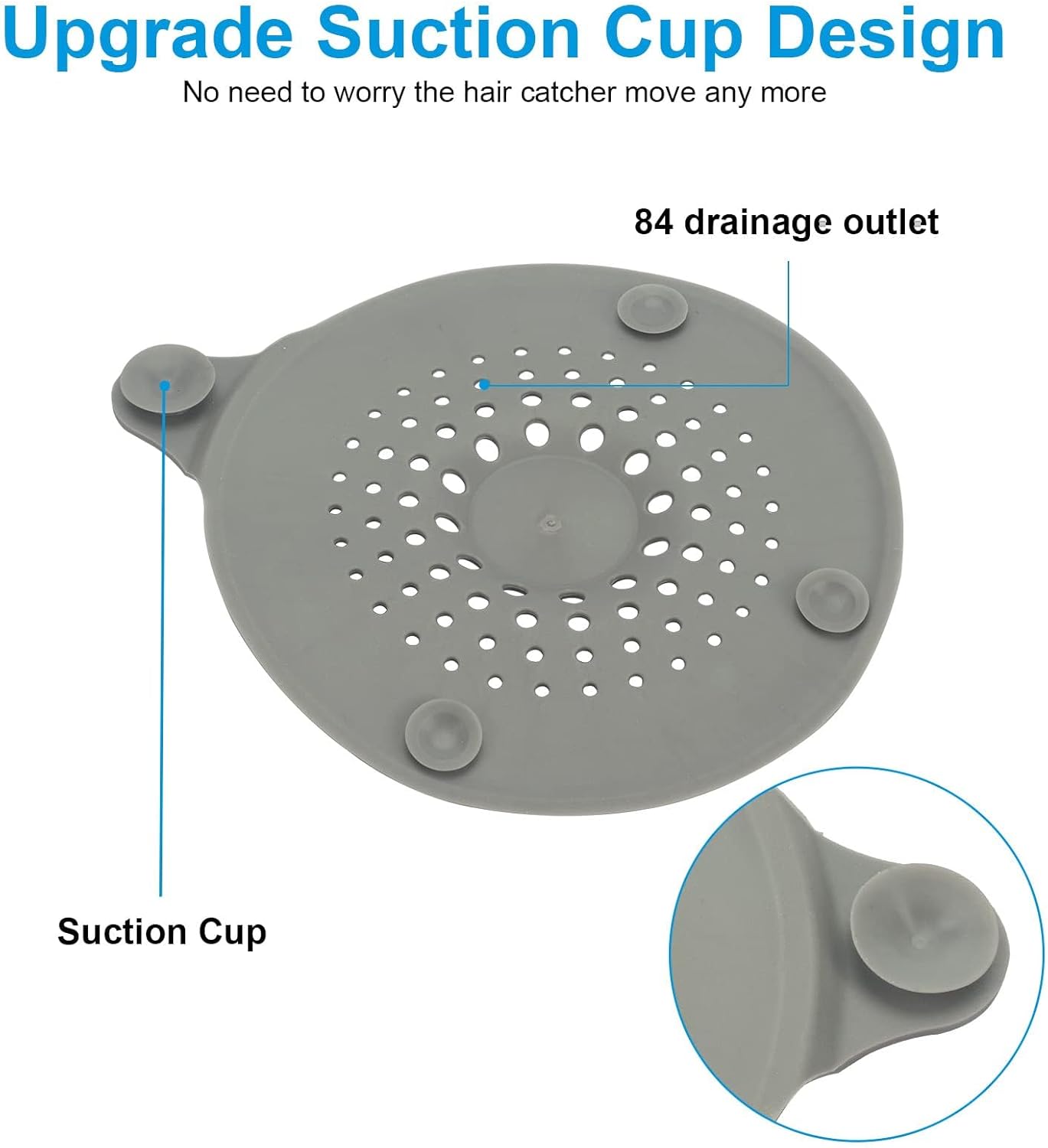 2-pack shower drain hair catchers with strong suction cups, silicone sink strainer protector, shower drain cover, hair stopper, sink strainer for bathroom, bathtub, kitchen sink white + grey