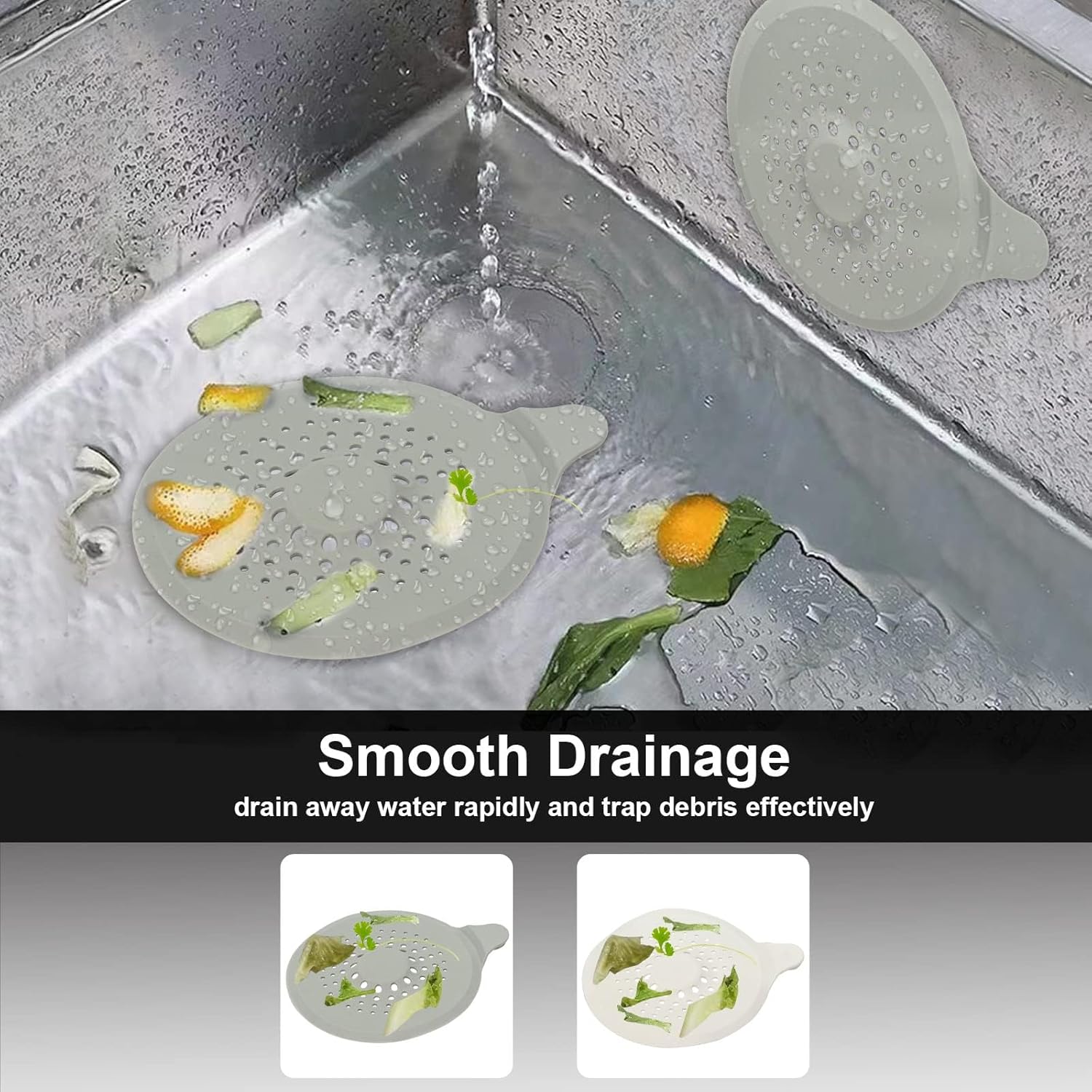 2-pack shower drain hair catchers with strong suction cups, silicone sink strainer protector, shower drain cover, hair stopper, sink strainer for bathroom, bathtub, kitchen sink white + grey