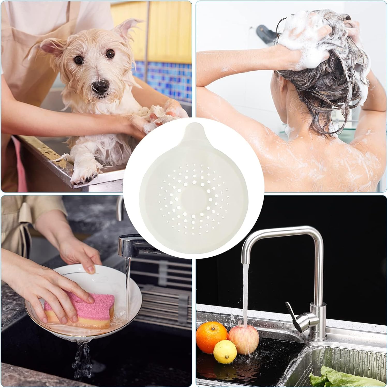2-pack shower drain hair catchers with strong suction cups, silicone sink strainer protector, shower drain cover, hair stopper, sink strainer for bathroom, bathtub, kitchen sink white + grey