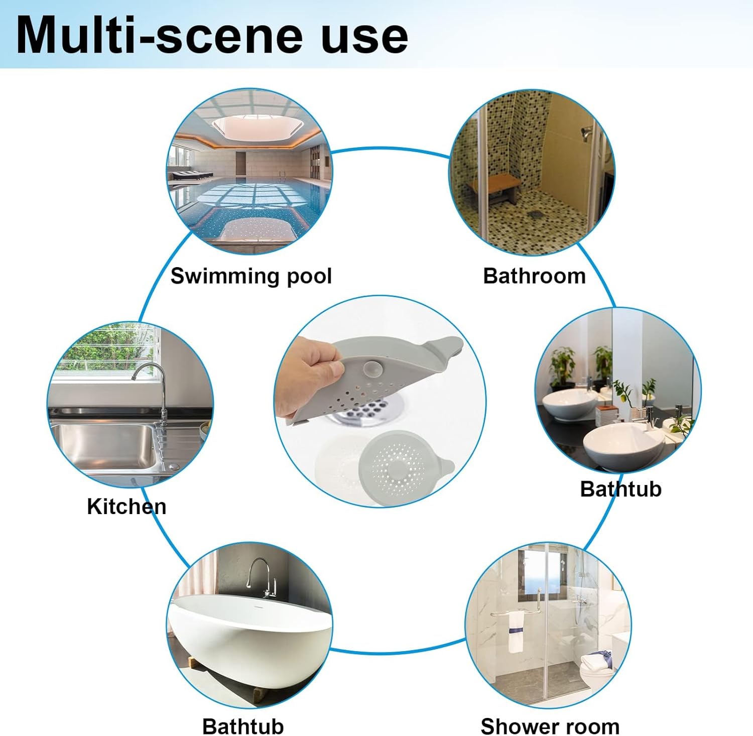 2-pack shower drain hair catchers with strong suction cups, silicone sink strainer protector, shower drain cover, hair stopper, sink strainer for bathroom, bathtub, kitchen sink white + grey