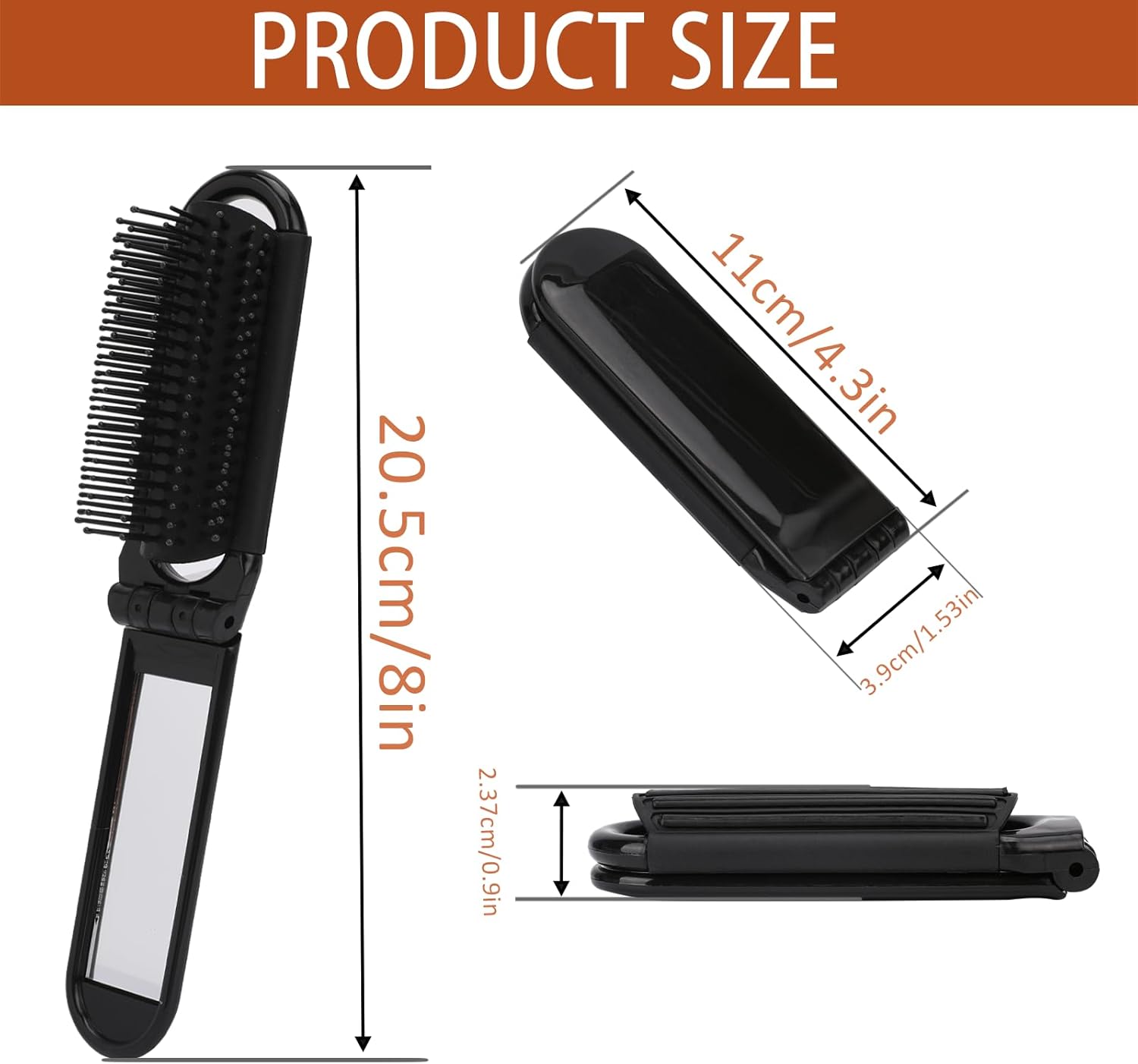 2 pieces of foldable hairbrush - portable travel hairbrush with pocket-sized mirror, anti-static mini hairbrush - small compact massage comb, hair styling tool - for women, girls, home, travel, gym, purse black