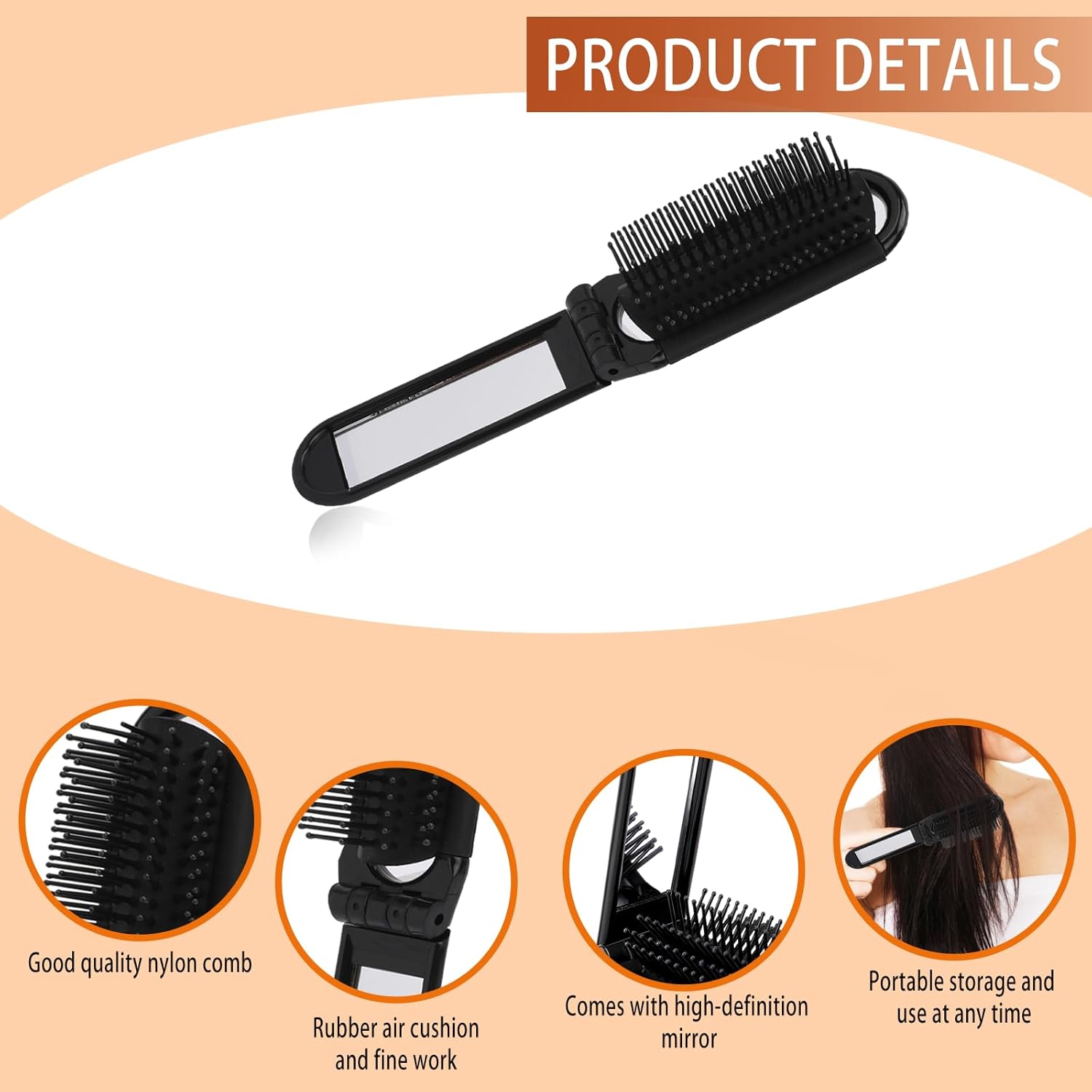 2 pieces of foldable hairbrush - portable travel hairbrush with pocket-sized mirror, anti-static mini hairbrush - small compact massage comb, hair styling tool - for women, girls, home, travel, gym, purse black