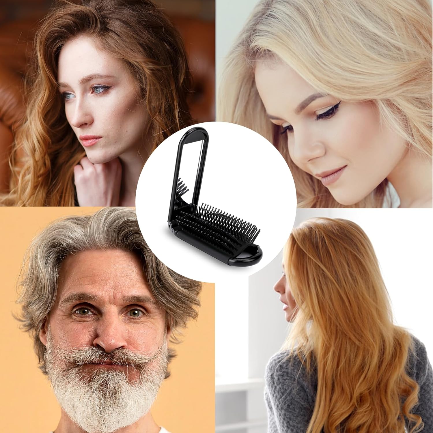 2 pieces of foldable hairbrush - portable travel hairbrush with pocket-sized mirror, anti-static mini hairbrush - small compact massage comb, hair styling tool - for women, girls, home, travel, gym, purse black