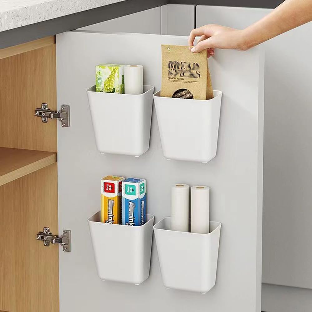 4-piece storage box set for kitchen cabinet doors, self-adhesive storage box for wall mounting, storage box for small items in wardrobes/bathrooms/fridges