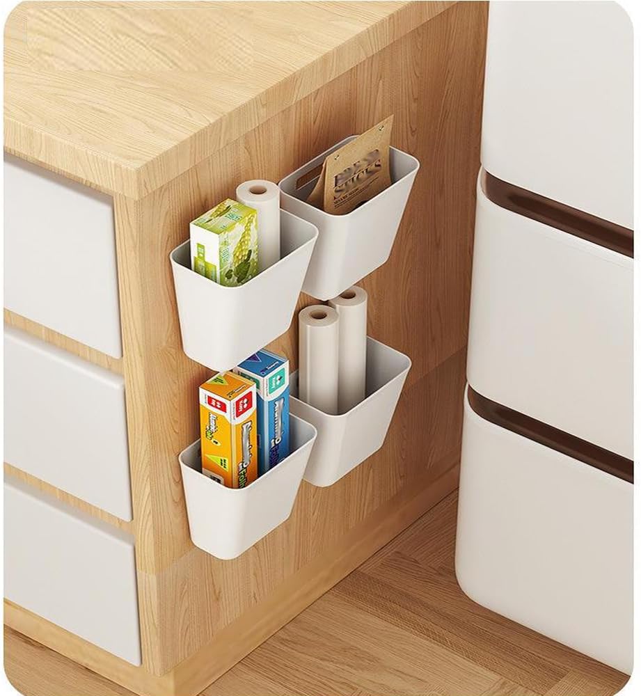 4-piece storage box set for kitchen cabinet doors, self-adhesive storage box for wall mounting, storage box for small items in wardrobes/bathrooms/fridges