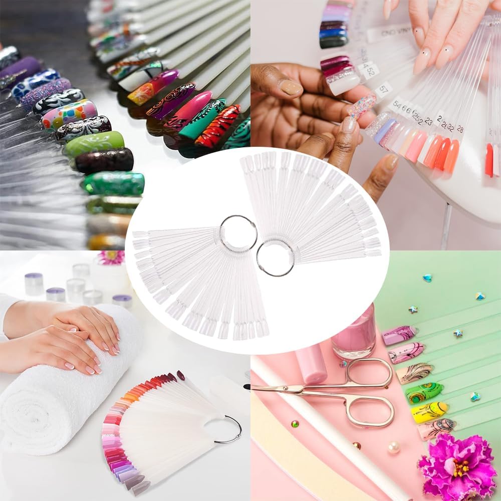 100 transparent nail sticks in fan shape, nail polish sticks, nail display sticks, transparent plastic pointed color sticks with metal ring for salons and beginners