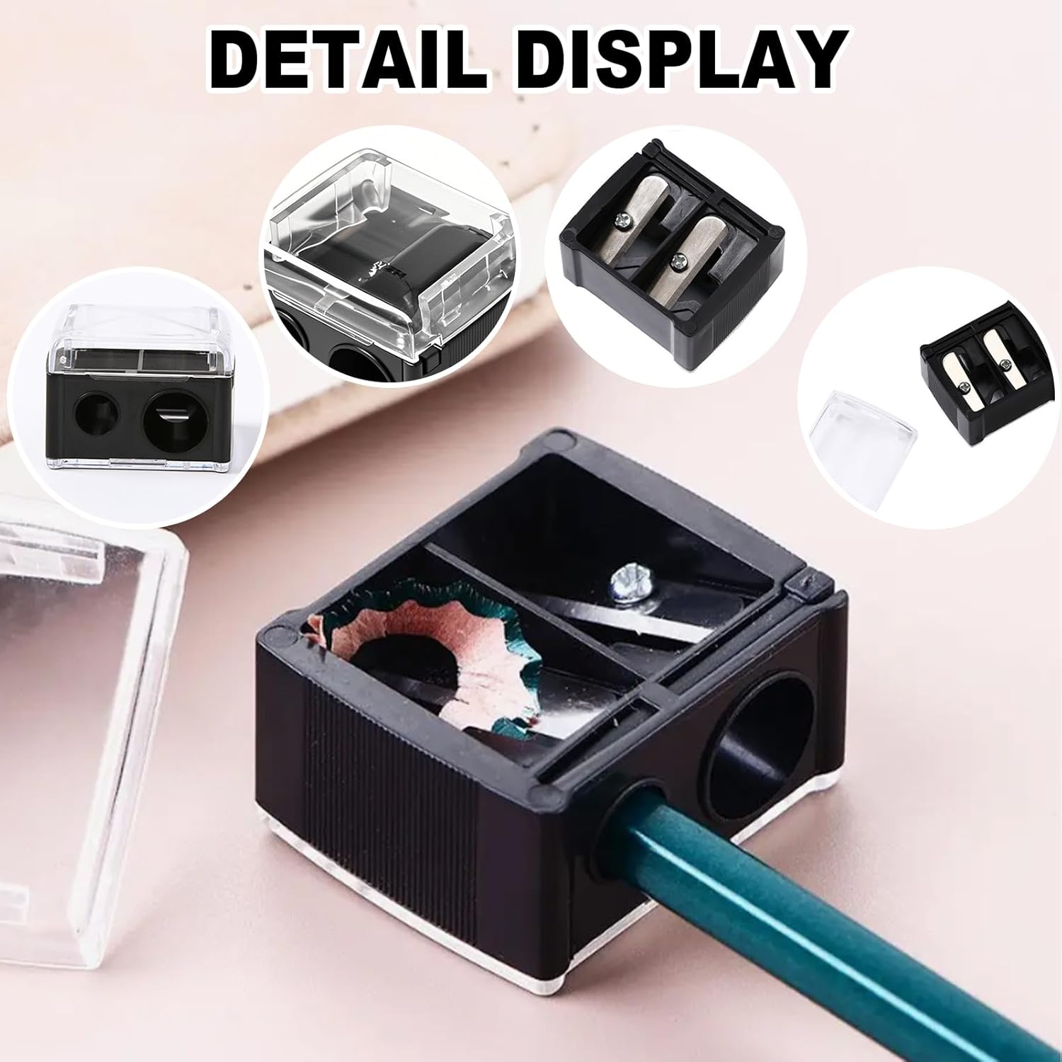 2-piece eyeliner pencil sharpener, makeup pencil sharpener with 2 holes, compact eyebrow pencil sharpener for different sizes of eyebrow pencils, eyeliner pencils, lip liners, etc., easy to clean black