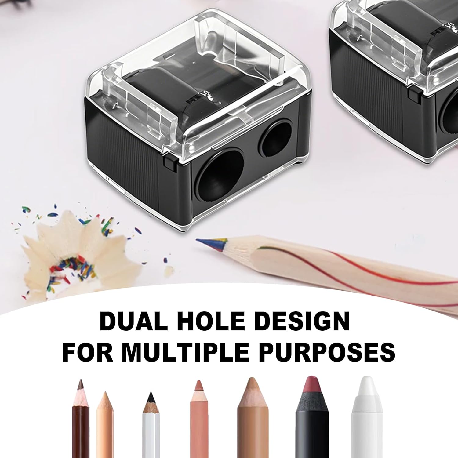 2-piece eyeliner pencil sharpener, makeup pencil sharpener with 2 holes, compact eyebrow pencil sharpener for different sizes of eyebrow pencils, eyeliner pencils, lip liners, etc., easy to clean black
