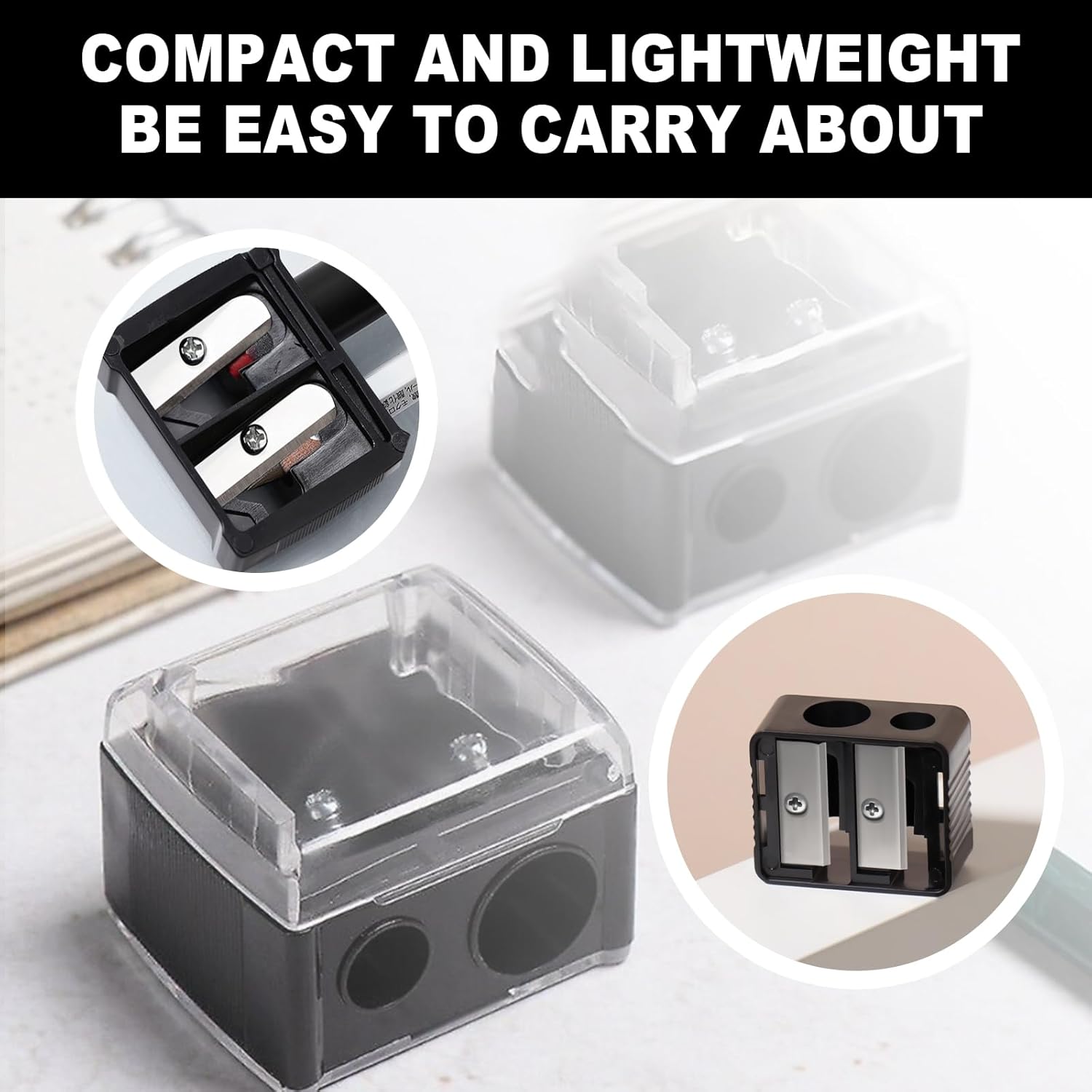2-piece eyeliner pencil sharpener, makeup pencil sharpener with 2 holes, compact eyebrow pencil sharpener for different sizes of eyebrow pencils, eyeliner pencils, lip liners, etc., easy to clean black