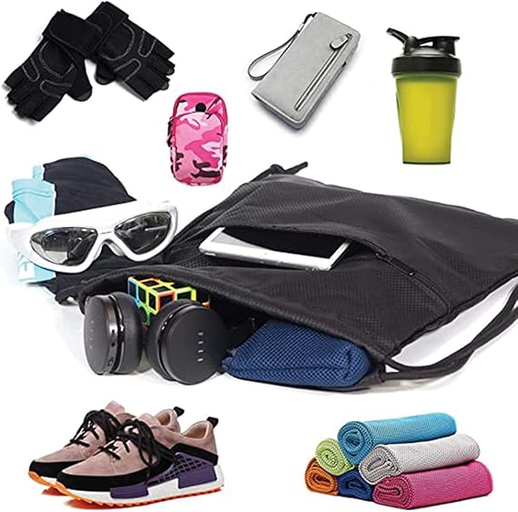 Drawstring sports bag - large sports bag with PE pocket and external zip - waterproof drawstring swim backpack for men, women, boys and girls - sports, school, beach holiday, swimming, travel, yoga
