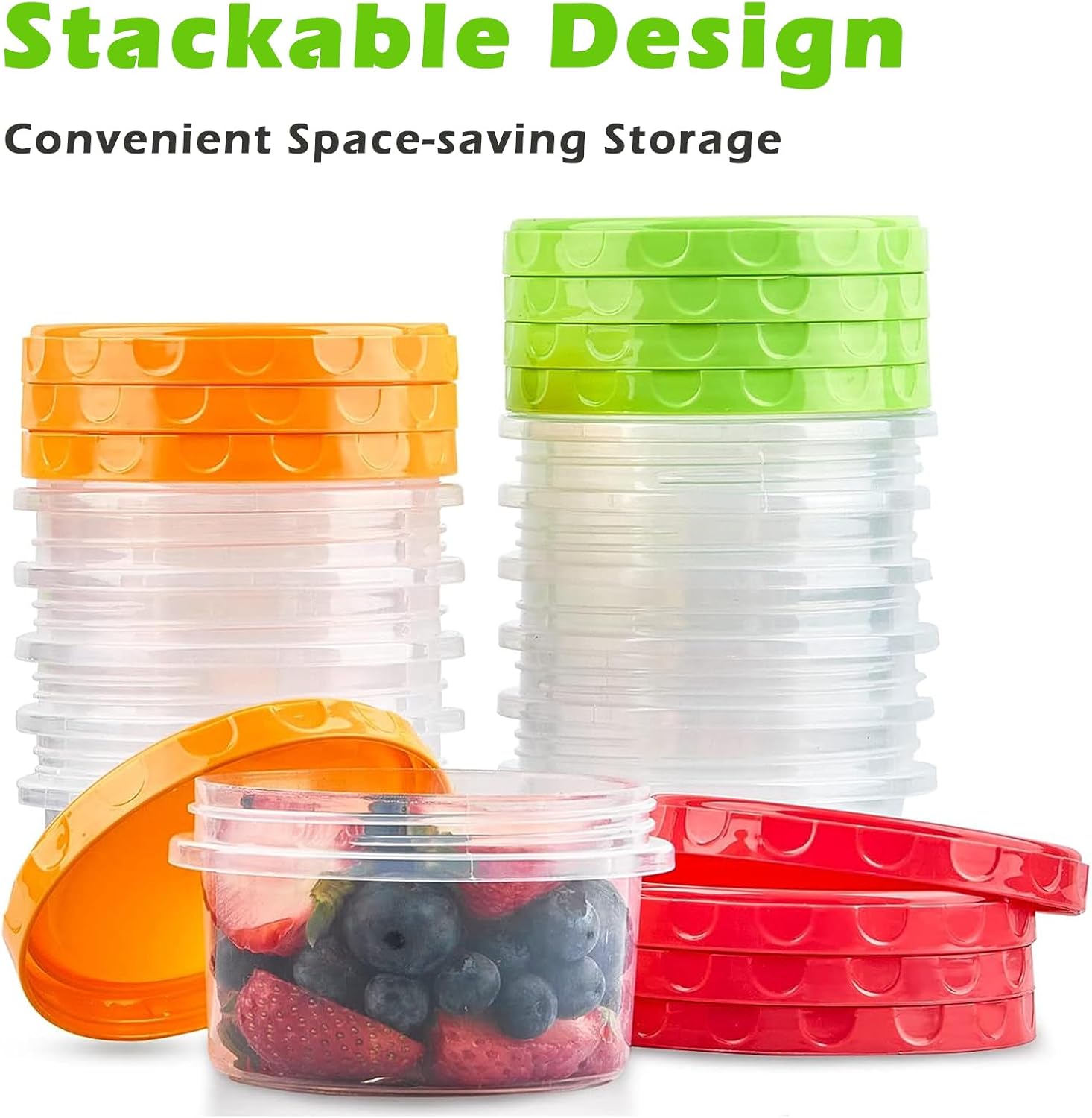 12 reusable 8-ounce plastic food containers with lids - deli containers - stackable food storage pots - dishwasher safe - microwave safe and freezer safe red/green/yellow