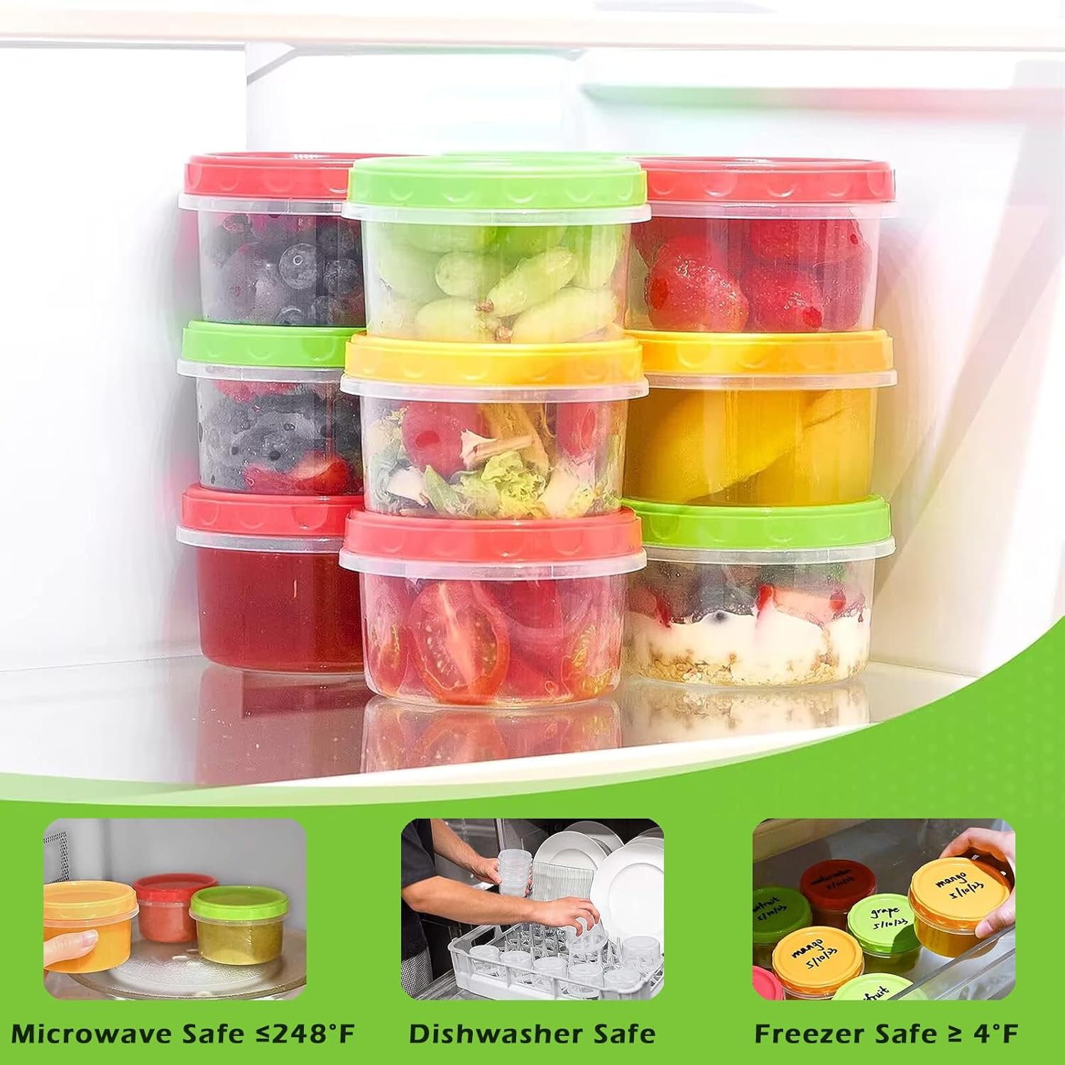 12 reusable 8-ounce plastic food containers with lids - deli containers - stackable food storage pots - dishwasher safe - microwave safe and freezer safe red/green/yellow