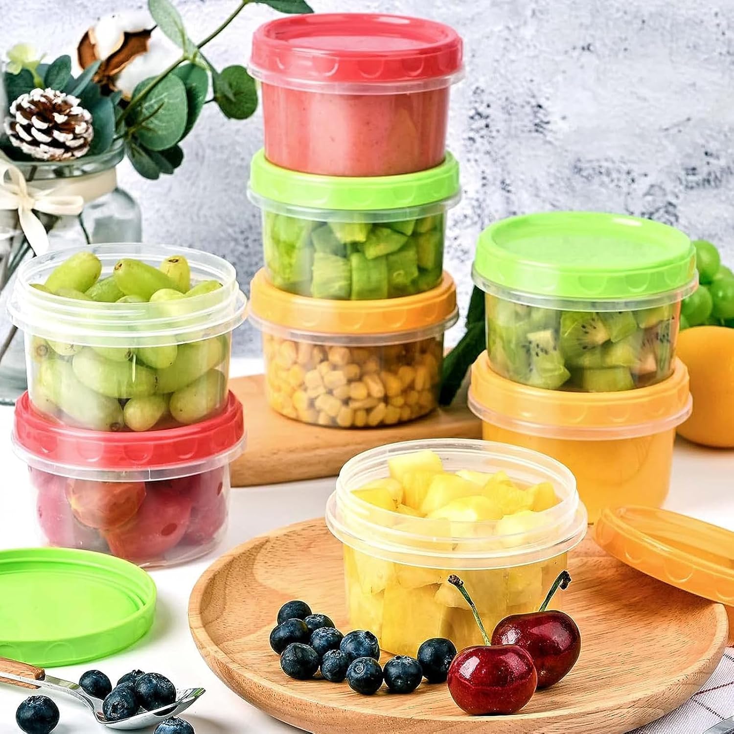 12 reusable 8-ounce plastic food containers with lids - deli containers - stackable food storage pots - dishwasher safe - microwave safe and freezer safe red/green/yellow