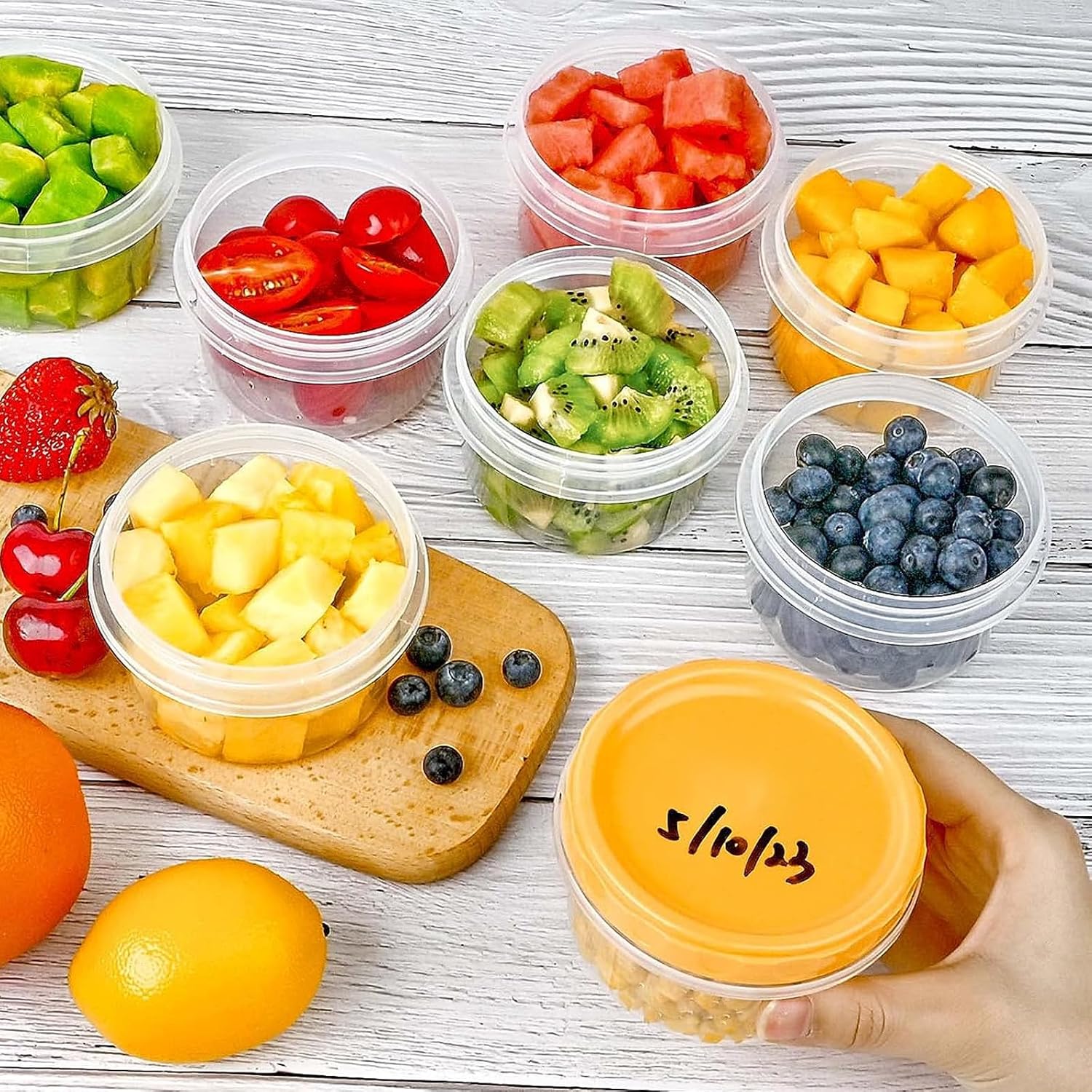 12 reusable 8-ounce plastic food containers with lids - deli containers - stackable food storage pots - dishwasher safe - microwave safe and freezer safe red/green/yellow