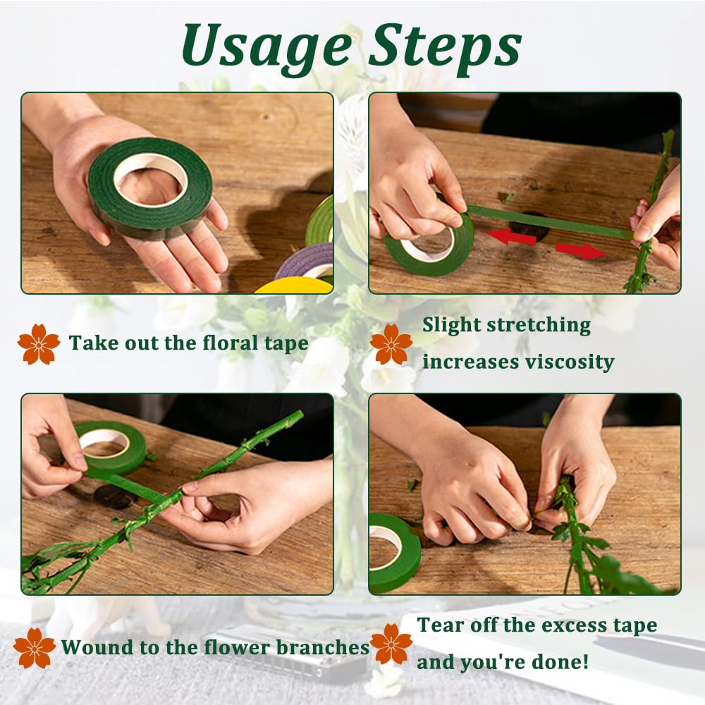 3 rolls of flower tape - 12 mm wide dark green flower tape for wrapping bouquet stems and DIY crafts - 30 metres per roll