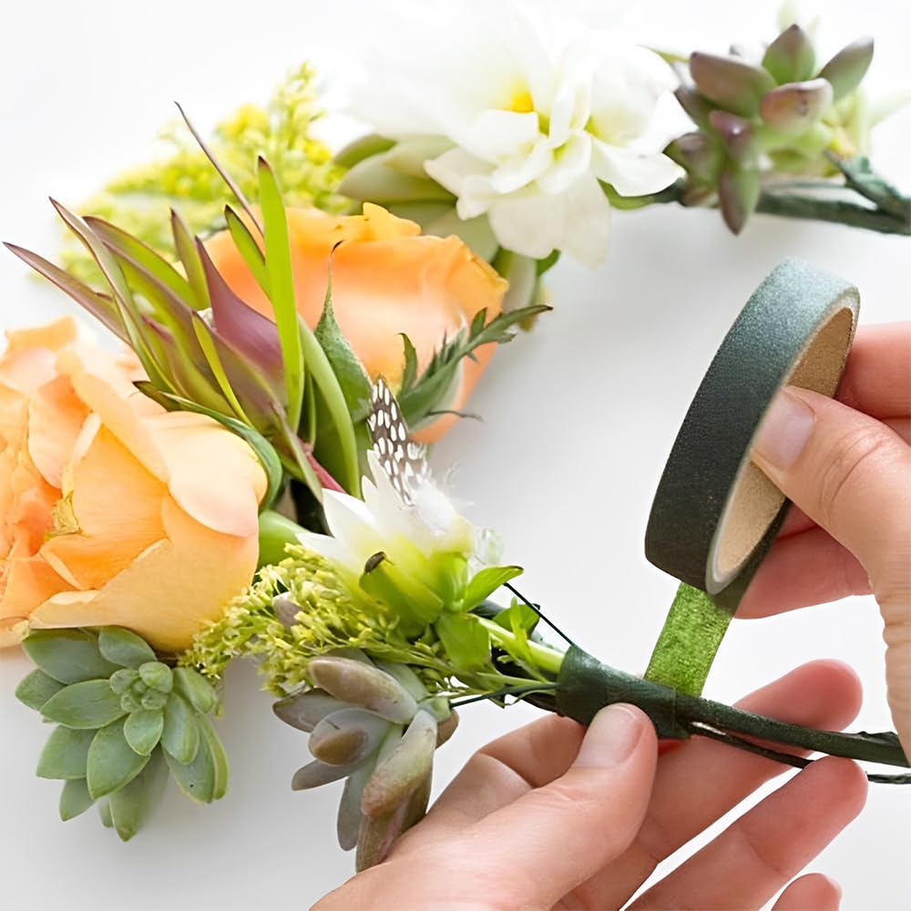 3 rolls of flower tape - 12 mm wide dark green flower tape for wrapping bouquet stems and DIY crafts - 30 metres per roll