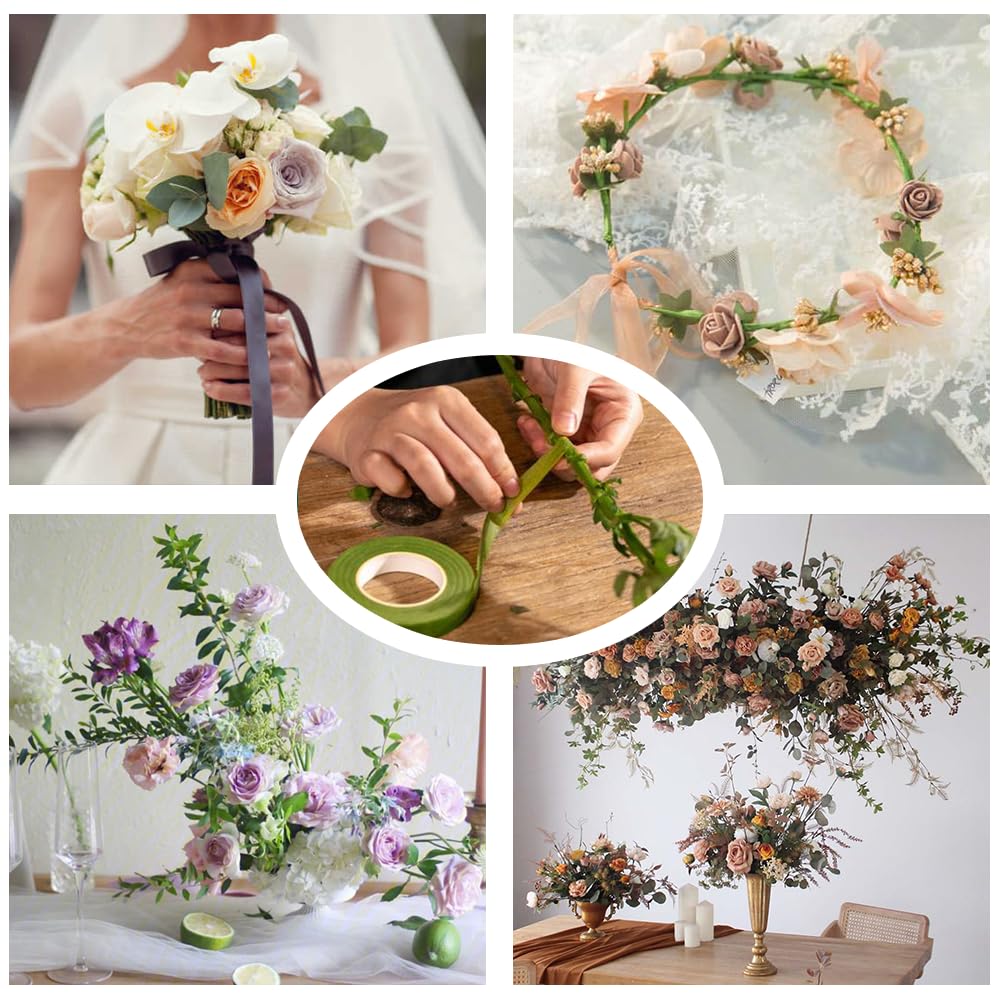 3 rolls of flower tape - 12 mm wide dark green flower tape for wrapping bouquet stems and DIY crafts - 30 metres per roll