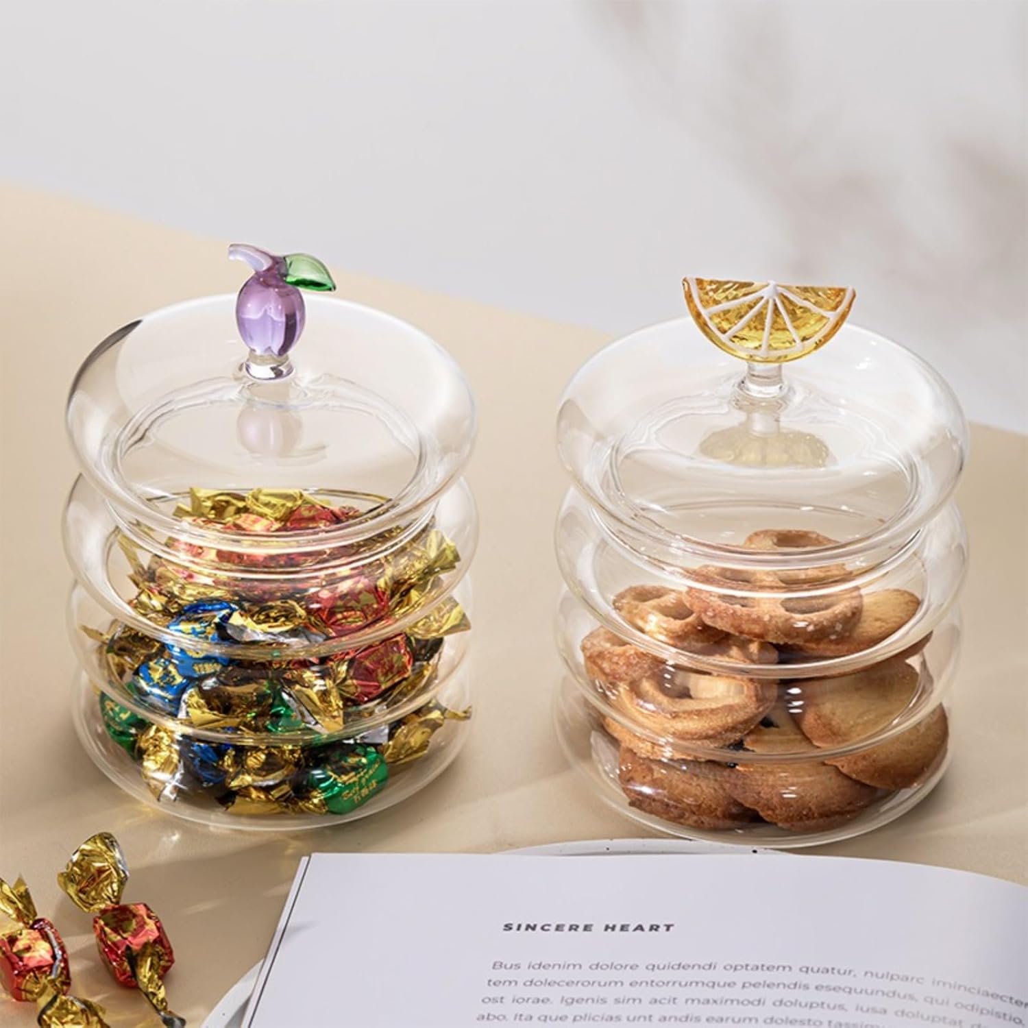 Household candy jar - desk candy box - candy jar with 3D fruit lid and snack compartment two parts