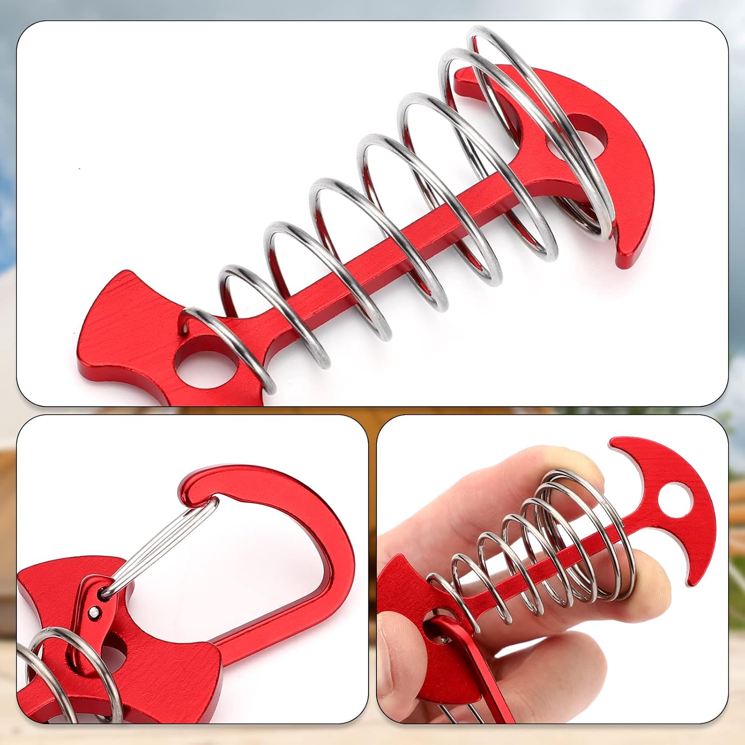 Carabiner Hook - Red - 10-pack - Ceiling Anchor with Carabiner Hook - Aluminium - Anchor - Spring Pin - Camping - Outdoor - Fishbone - Tent Anchor - Tent Rope - Spanner - Fishing Line - Adjuster - Pin