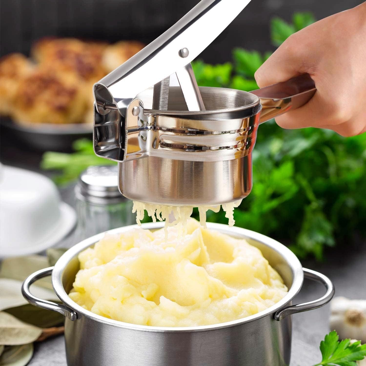 Stainless Steel Potato Masher - Multifunctional Potato Masher - Handheld Potato Masher for the Kitchen - Heavy-Duty German Dough Masher - Suitable for Making Potato Balls, Pasta, Potatoes, Fruit and Vegetables Open Bottom