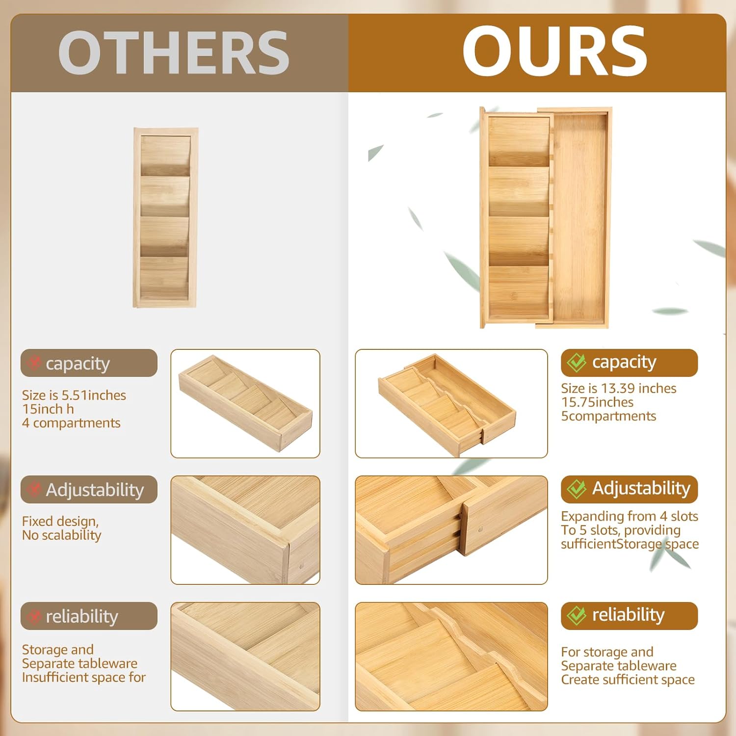 Kitchen drawer organizer - cutlery organizer - expandable bamboo storage box - cutlery rack - telescopic cutlery organizer