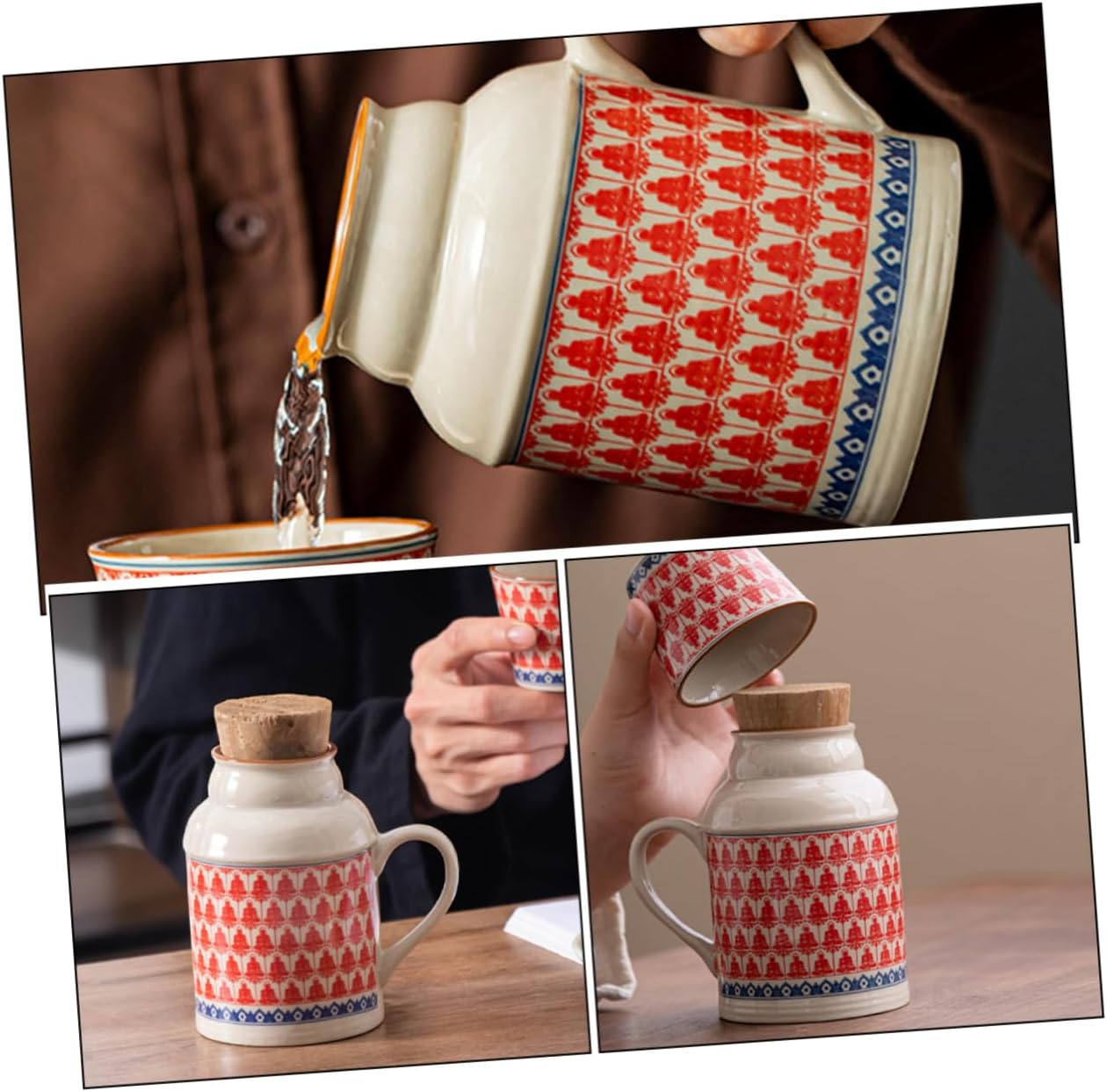 Ceramic teapot set with teacups - white body with red patterns and blue rim - cork stoppers - traditional style - 460 ml