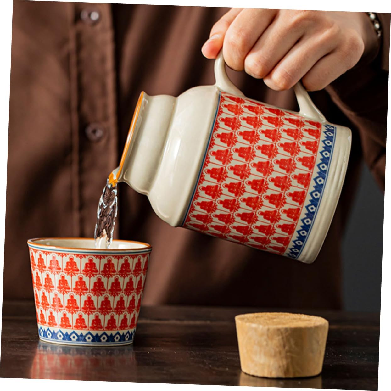 Ceramic teapot set with teacups - white body with red patterns and blue rim - cork stoppers - traditional style - 460 ml