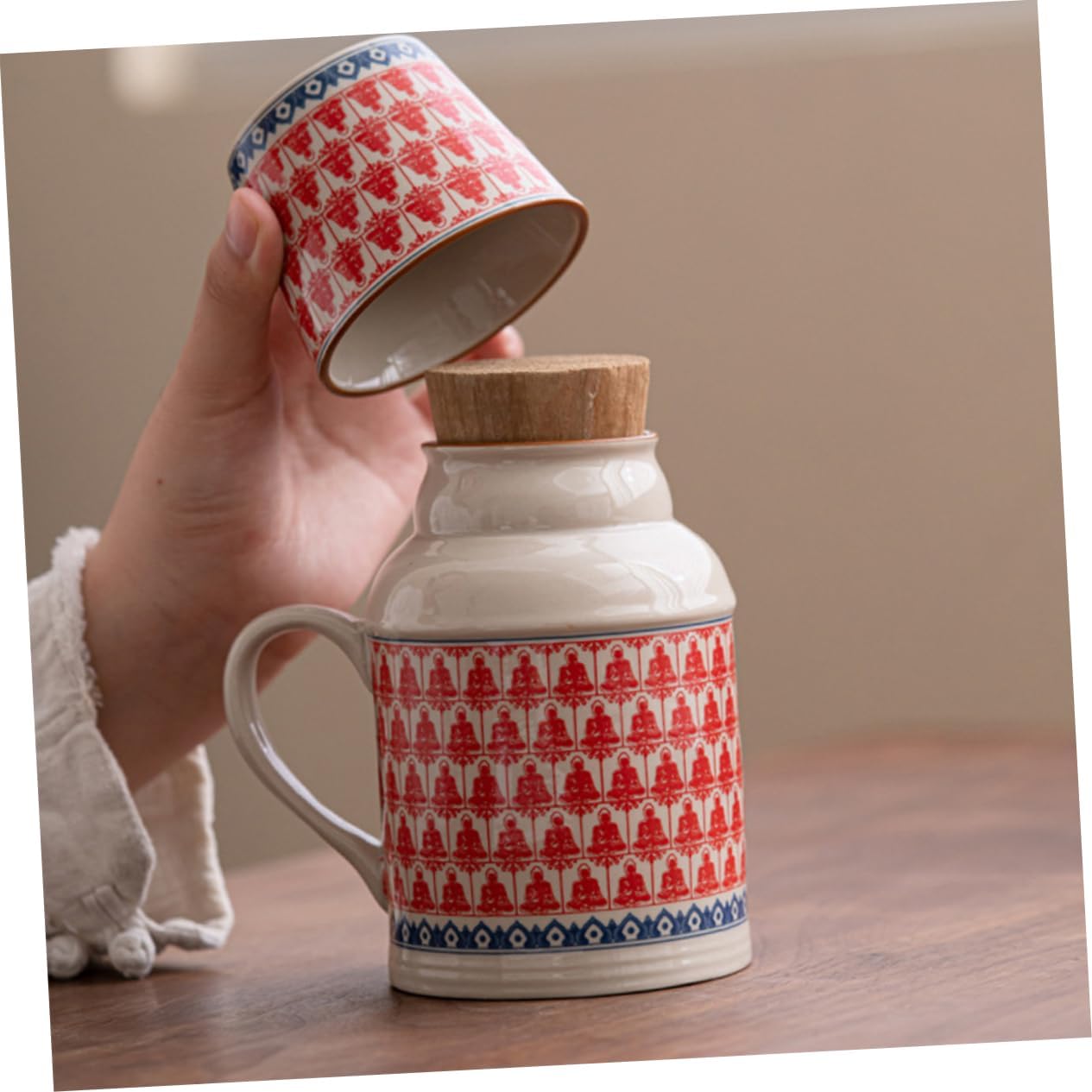 Ceramic teapot set with teacups - white body with red patterns and blue rim - cork stoppers - traditional style - 460 ml