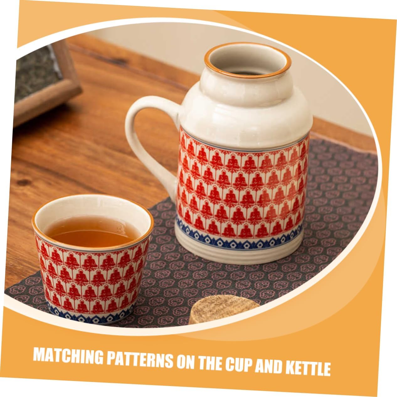 Ceramic teapot set with teacups - white body with red patterns and blue rim - cork stoppers - traditional style - 460 ml