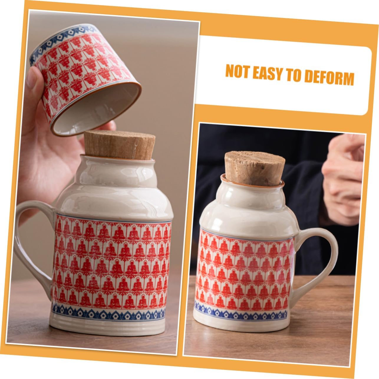 Ceramic teapot set with teacups - white body with red patterns and blue rim - cork stoppers - traditional style - 460 ml