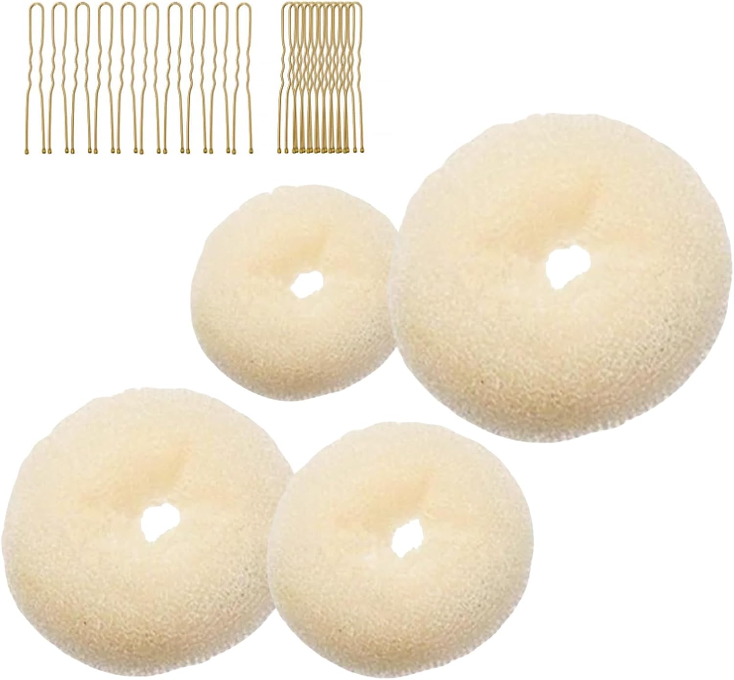 4-piece ring donut bun styler set with 20 gold hair clips, beige donut bun maker, hair rings, styling kit for dancers, ballerinas, girls, etc. and daily hair styling DIY beige