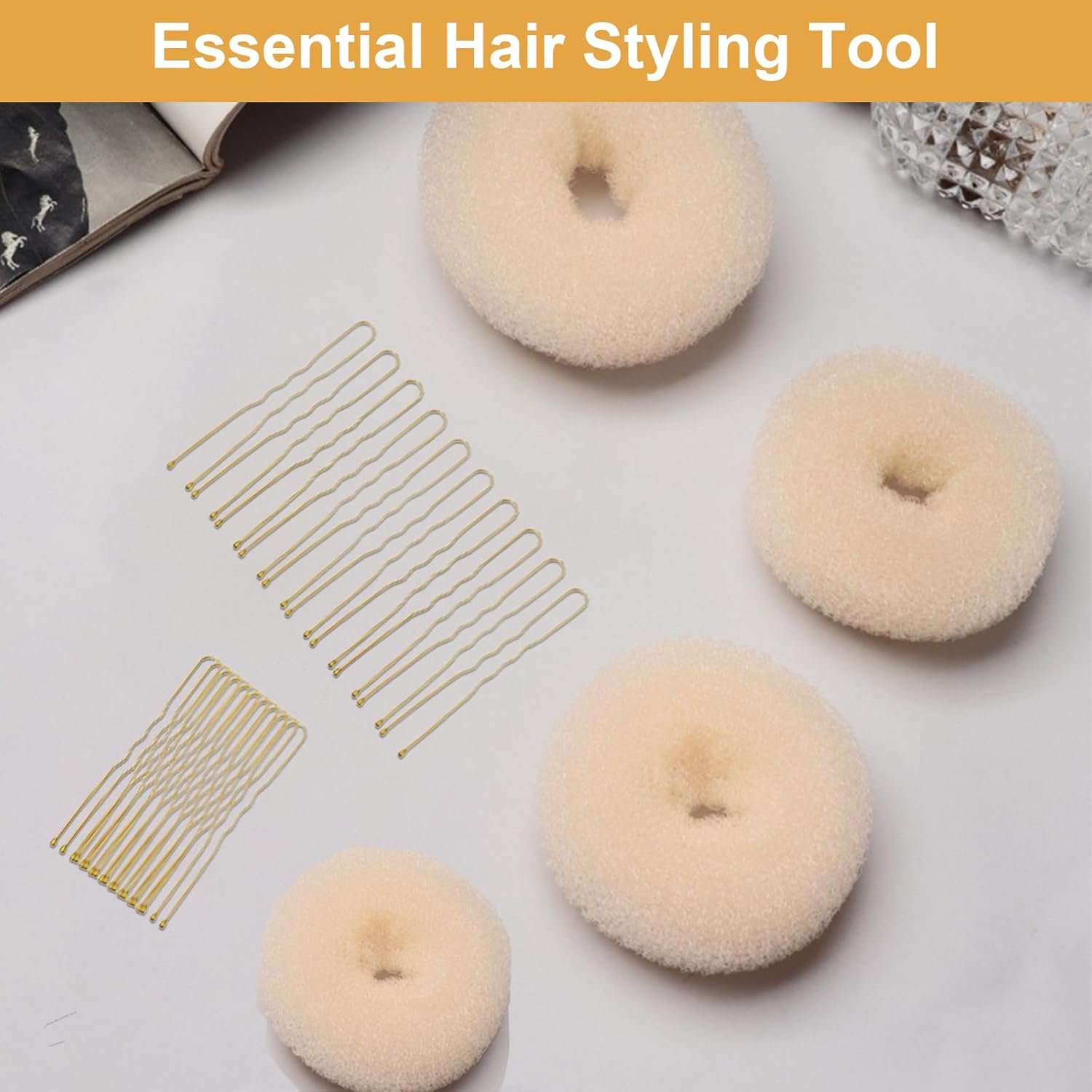 4-piece ring donut bun styler set with 20 gold hair clips, beige donut bun maker, hair rings, styling kit for dancers, ballerinas, girls, etc. and daily hair styling DIY beige