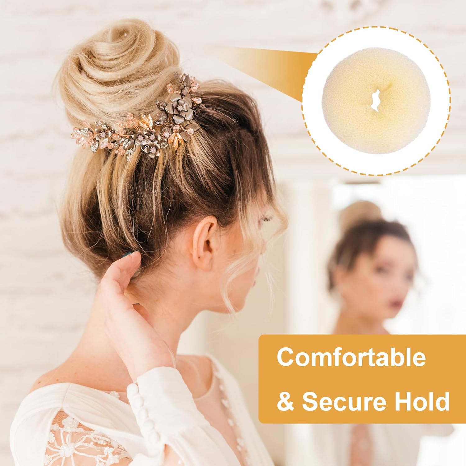 4-piece ring donut bun styler set with 20 gold hair clips, beige donut bun maker, hair rings, styling kit for dancers, ballerinas, girls, etc. and daily hair styling DIY beige