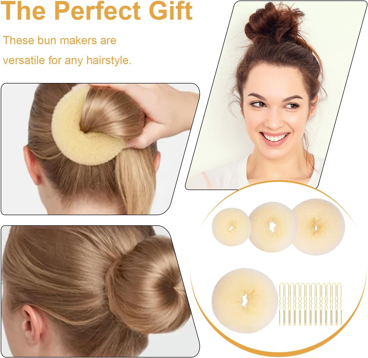 4-piece ring donut bun styler set with 20 gold hair clips, beige donut bun maker, hair rings, styling kit for dancers, ballerinas, girls, etc. and daily hair styling DIY beige