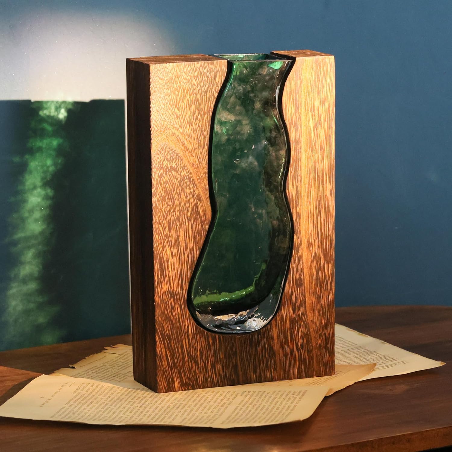 Vase with inlaid wood and glass - Rustic style wood and glass vase - Solid wood and glass vase - Vase for home decor - Table decoration 9.45 inches