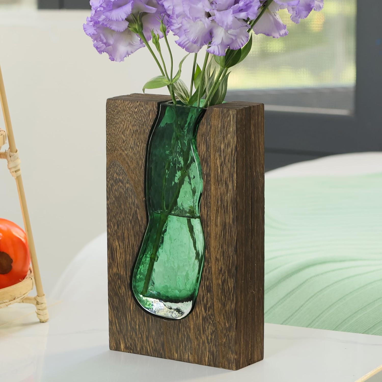 Vase with inlaid wood and glass - Rustic style wood and glass vase - Solid wood and glass vase - Vase for home decor - Table decoration 9.45 inches