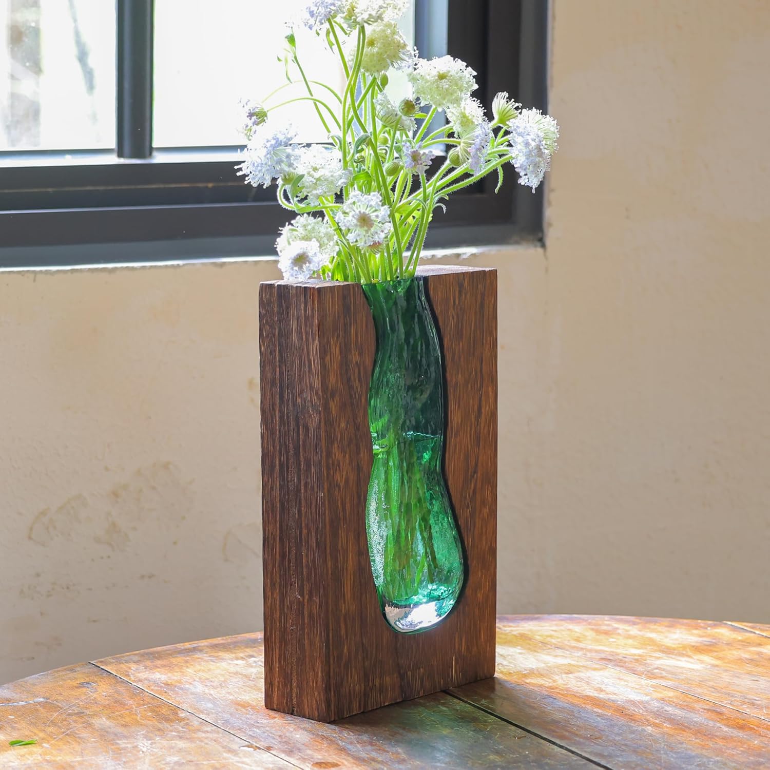 Vase with inlaid wood and glass - Rustic style wood and glass vase - Solid wood and glass vase - Vase for home decor - Table decoration 9.45 inches