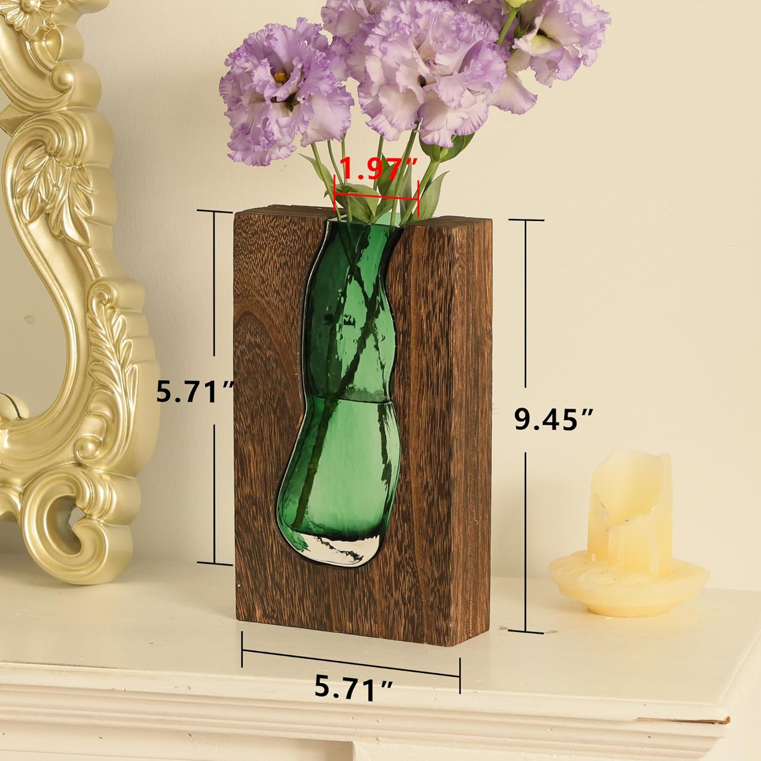 Vase with inlaid wood and glass - Rustic style wood and glass vase - Solid wood and glass vase - Vase for home decor - Table decoration 9.45 inches