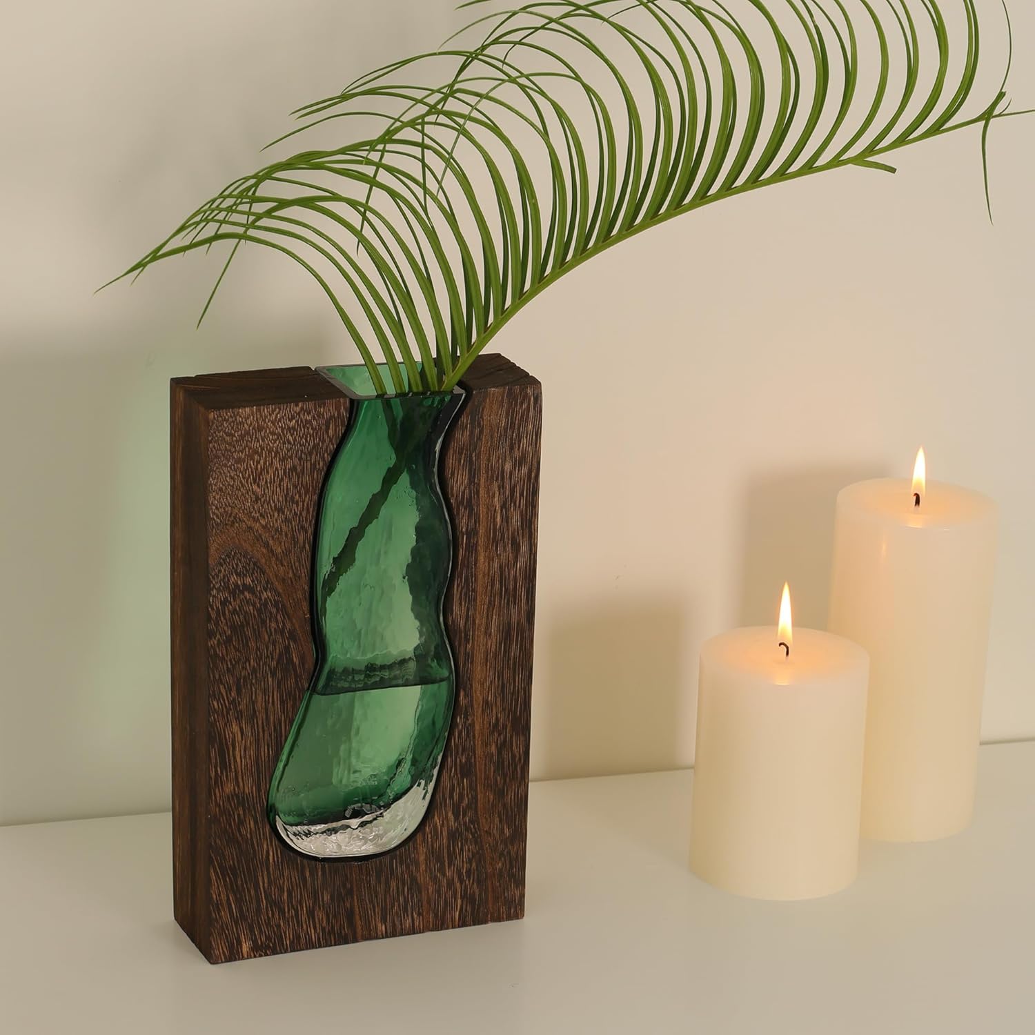 Vase with inlaid wood and glass - Rustic style wood and glass vase - Solid wood and glass vase - Vase for home decor - Table decoration 9.45 inches