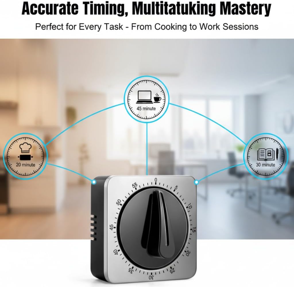 Kitchen Timer - Mechanical Egg Timer - Battery-Free - 100% Mechanical Kitchen Clock - Stainless Steel Housing - Kitchen Clock - Stopwatch - Countdown Reminder - Magnetic Kitchen Clock - Egg Timer grey