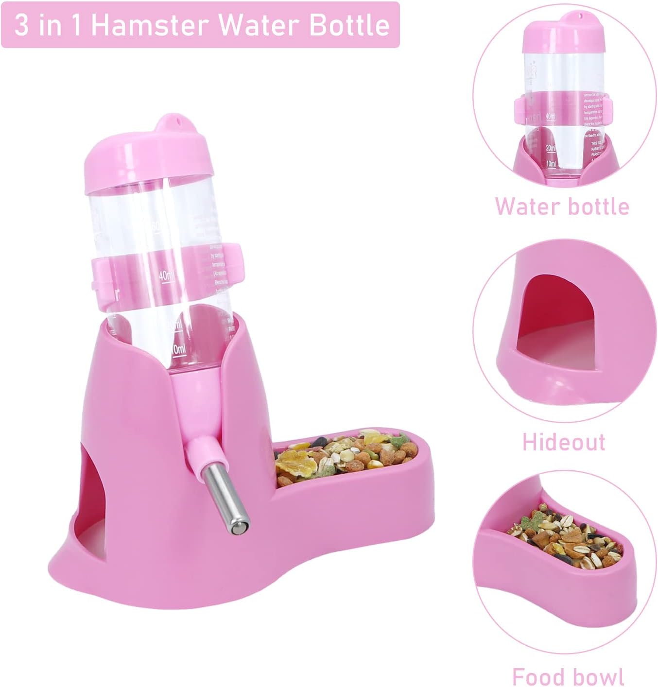 Water bowl for small animals - 3-in-1 hanging water bottle for hamsters - Automatic pet water bowl with stand - Suitable for dwarf hamsters, mice, rats and hedgehogs 80 ml - Pink